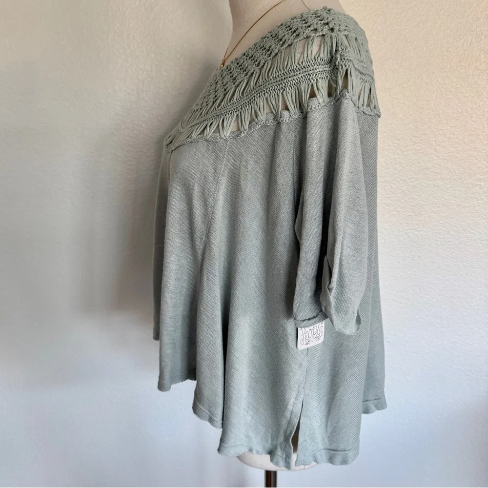 🩵 Free People Crochet Pale Baby Blue Colette Macrame Neckline Tee